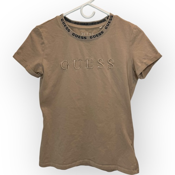 Guess Tops - Guess Tan Taupe Embroidered Logo Baby Tee Large Women’s Y2K Aesthetic